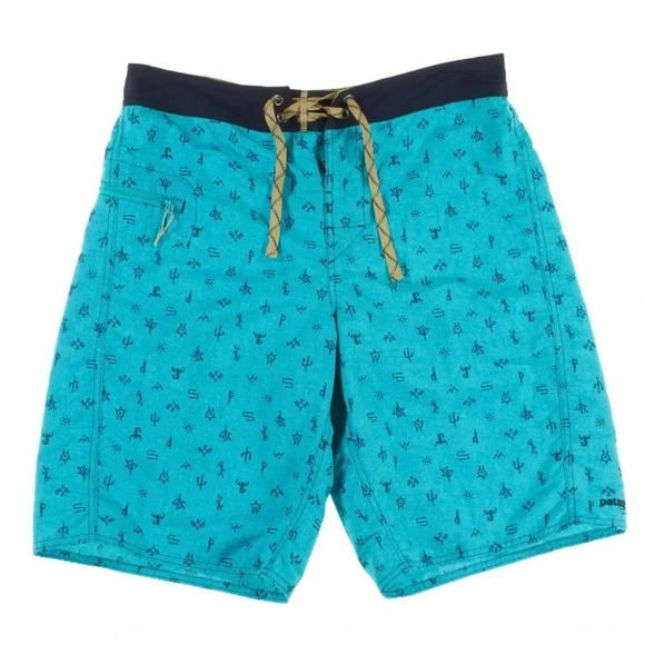 Patagonia Classic Wayfarers Board Shorts Swim Blue Hieroglyphics Mens Size 32 - Picture 1 of 7